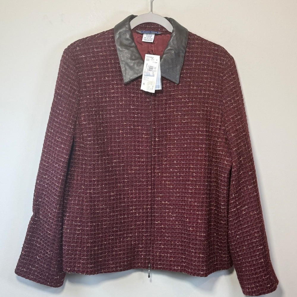 NWT Austin Reed Wool Blend Jacket Women 16 Port Burgundy Leather Trim Ashford